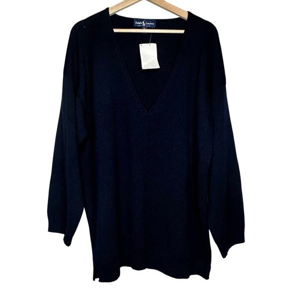 RALPH LAUREN BLUE LABEL 80s Deadstock Blue V-Neck Wool Knit Sweater Large Womens - Picture 1 of 15